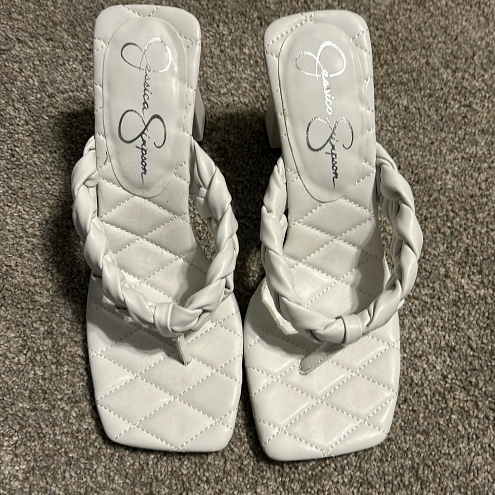 Jessica Simpson Zaliye Women's Faux Leather Block Heel Slide Sandals - White